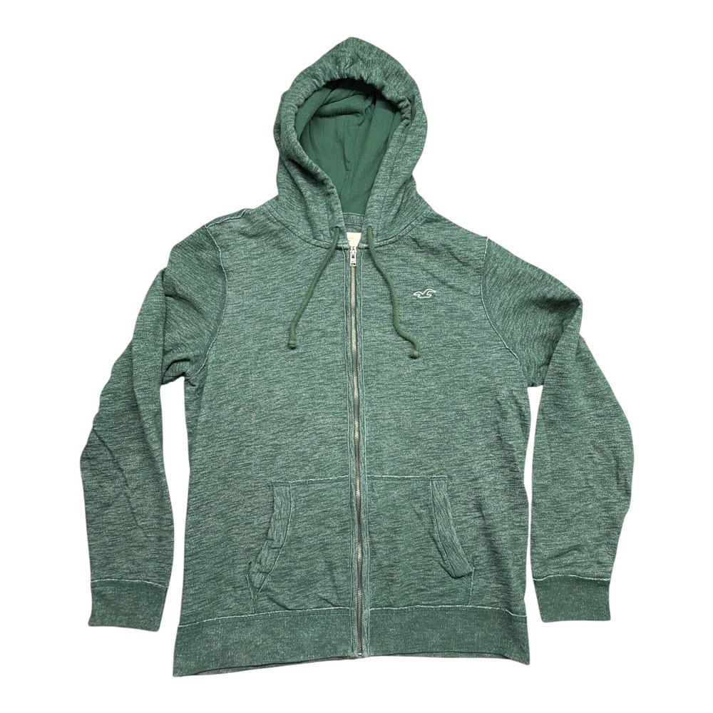 Y2K Hollister Mens Full Zip Hoodie Green Heather Marl Fleece Sweatshirt XL Logo